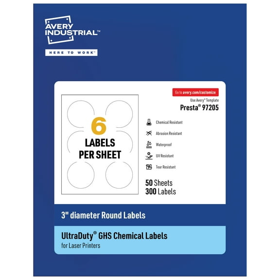 Avery UltraDuty GHS Labels 3" Diameter, 300 Ct, Laser Printer