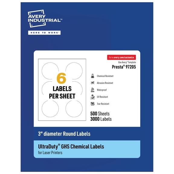 Avery UltraDuty GHS Labels 3" Diameter, 3000 Ct, Laser Printer