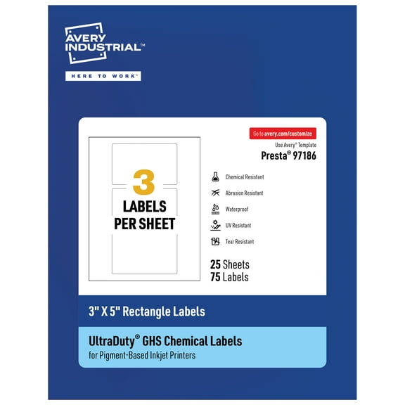 Avery UltraDuty GHS Labels 3" x 5", 75 Ct, Pigment Inkjet