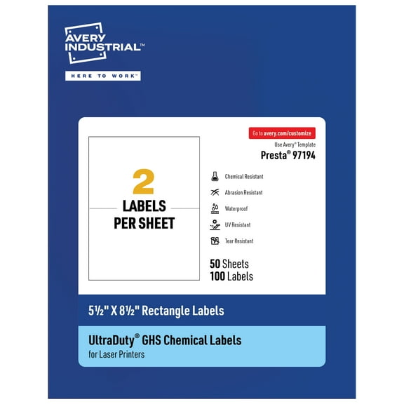 Avery UltraDuty GHS Labels 5-1/2" x 8-1/2", 100 Ct, Laser Printer