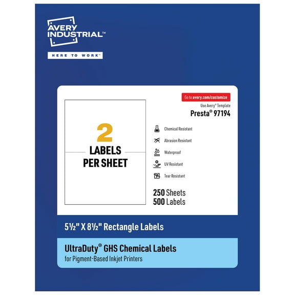 Avery UltraDuty GHS Labels 5-1/2" x 8-1/2", 500 Ct, Pigment Inkjet