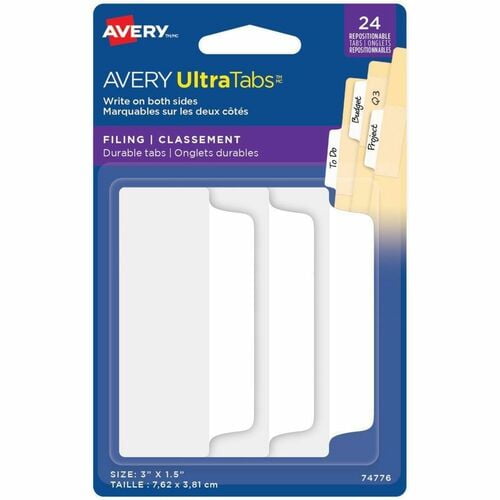 Avery® UltraTabs Filing Tabs, 24 Write-on Tab(s), 3" Tab Height x 1.50" Tab Width, Removable, Self-adhesive, White Paper Tab(s) (74776) | 2 Packs