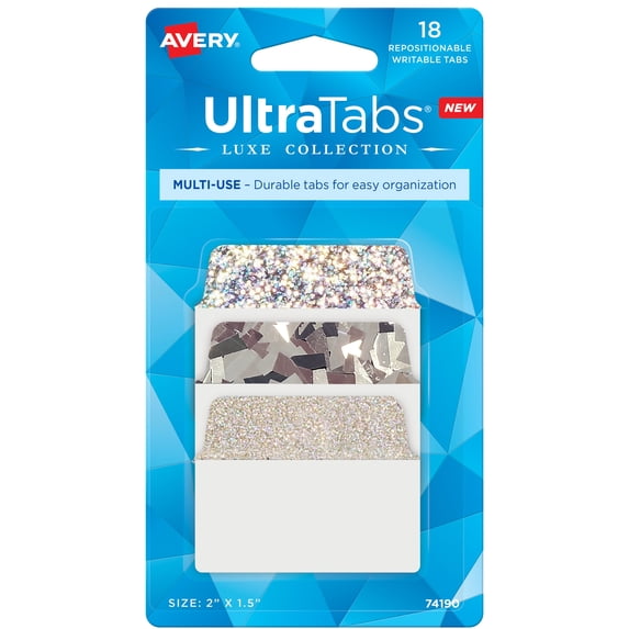 Avery Ultrabs Luxe, Multi-Use Style, 2" x 1.5", Film, Write-on Tab, Assorted Silver, 18 Tabs