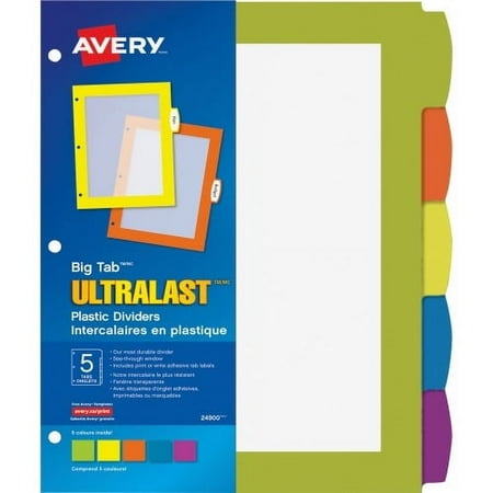 Avery Ultralast Big Tab Plastic Dividers, 5-Tab Set, Multicolor with White Labels, 1 Set (24900)