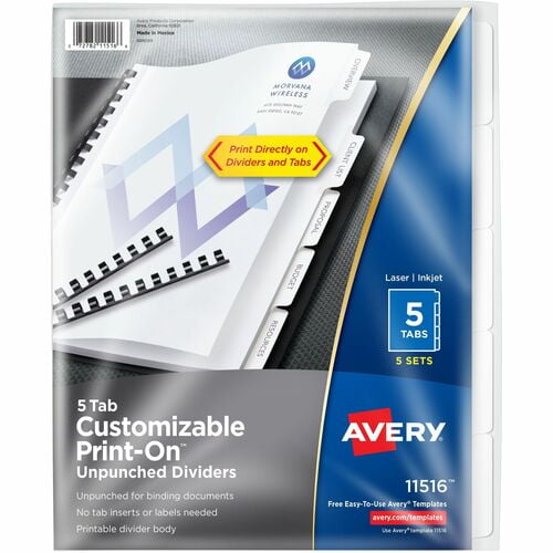 Avery® Unpunched Print-On Dividers, Print-on Tab(s), 8.5" Divider Width x 11" Divider Length, White Paper Divider (11516) | 10 Boxes