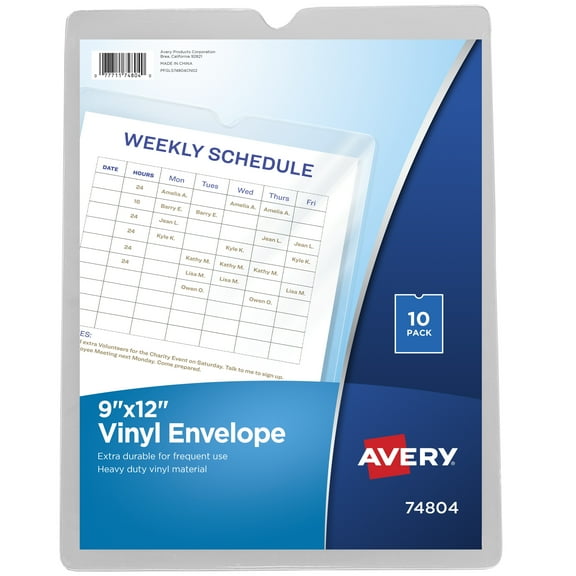 Avery Vinyl File Envelopes, 9" x 12", 10 Clear Envelopes (74804)