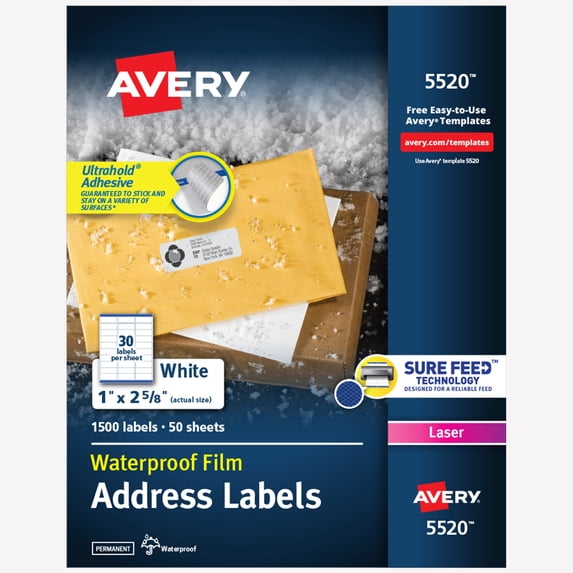 Avery Waterproof Address Labels, 1" x 2-5/8", White, 1,500ct (5520)
