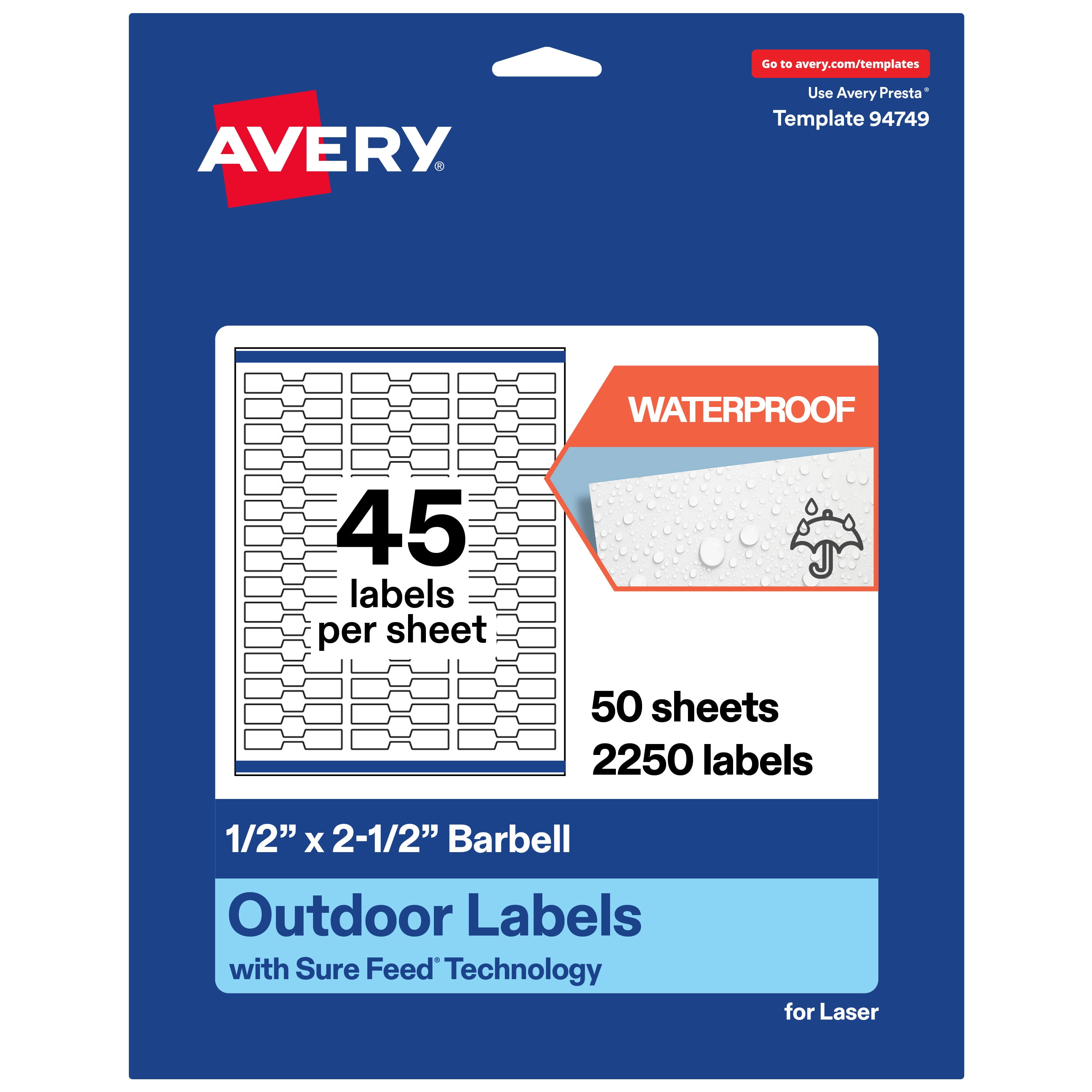 Avery Waterproof Barbell Labels, 0.5" x 2.5", 2250 Total
