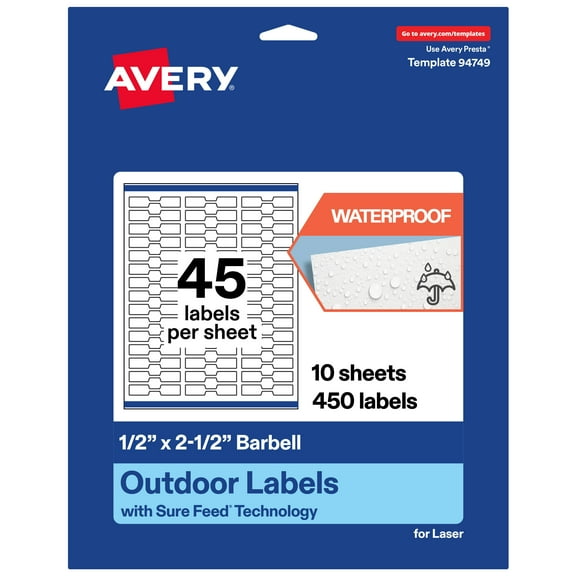 Avery Waterproof Barbell Labels, 0.5" x 2.5", 450 Total