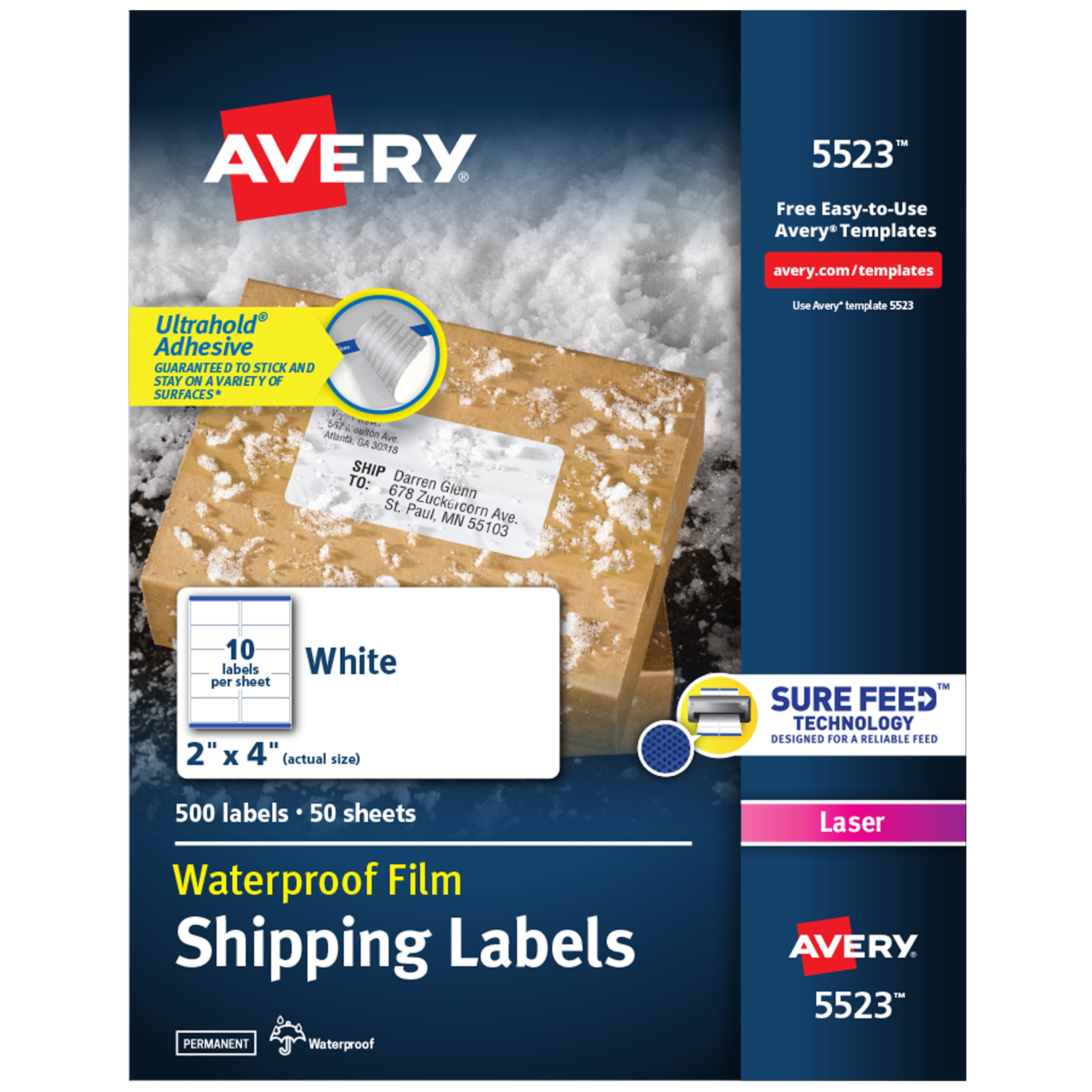 Avery Shipping Labels, 2" x 4", Film, White, Waterproof, Laser, Sure Feed, 500 Labels (5523)