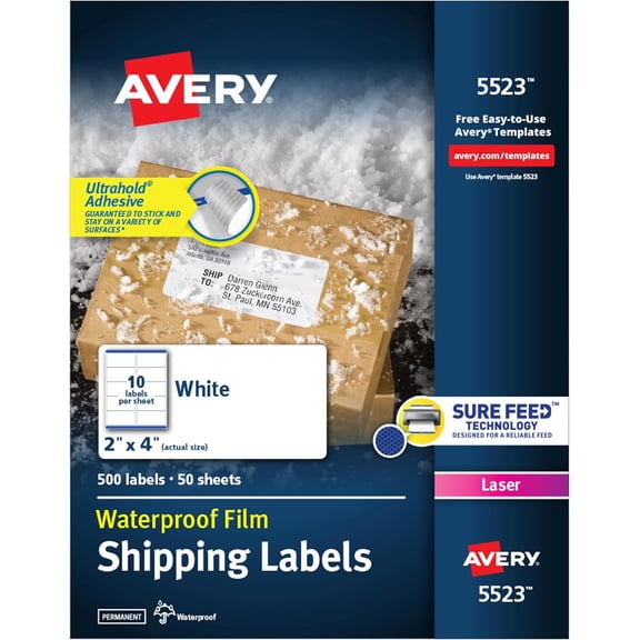 Avery Waterproof Labels with UltraHold Permanent Adhesive, 2" x 4", 500 Labels for Laser Printers (5523)