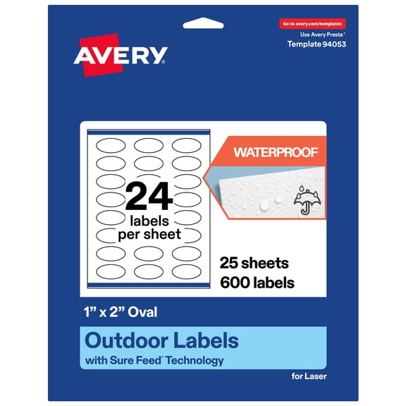 Avery Waterproof Oval Labels with Sure Feed, 1" x 2", 600 Total