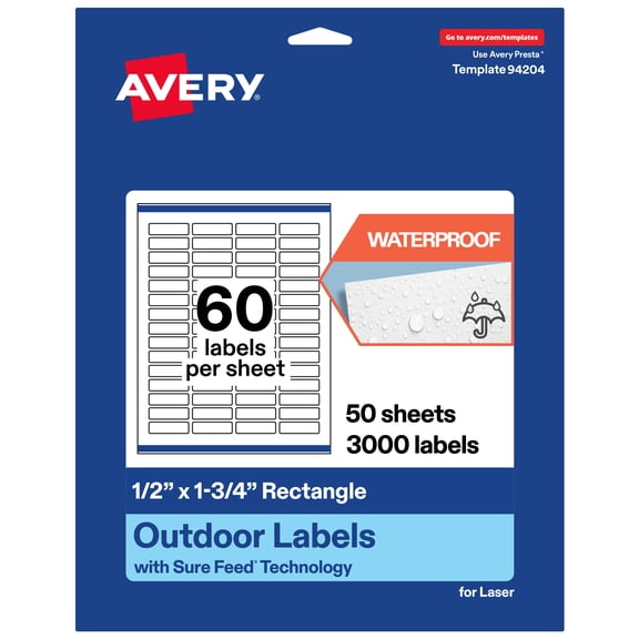 Avery Waterproof Rectangle Labels, 0.5" x 1.75", 3000 Total