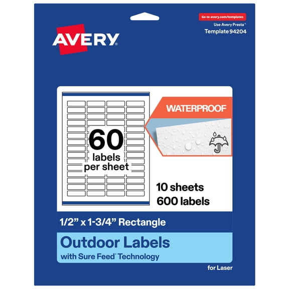 Avery Waterproof Rectangle Labels, 0.5" x 1.75", 600 Total