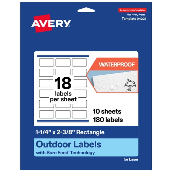 Avery Waterproof Rectangle Labels, 1-1/4" x 2-3/8", 180 Total