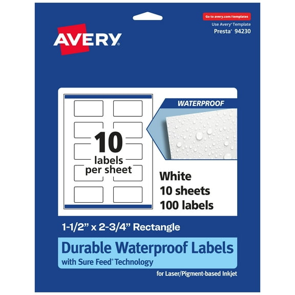 Avery Waterproof Rectangle Labels, 1.5" x 2.75", 100