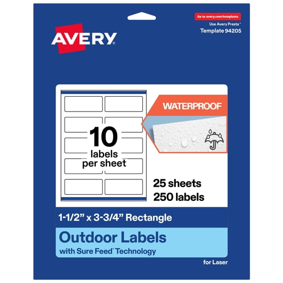 Avery Waterproof Rectangle Labels, 1.5" x 3.75", 250 Total