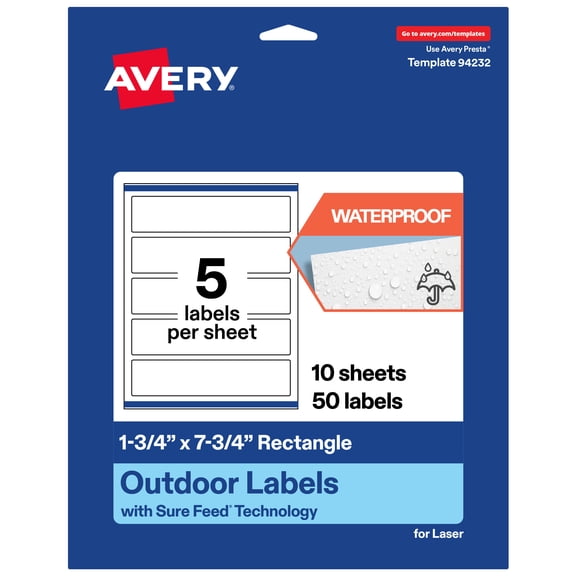 Avery Waterproof Rectangle Labels, 1.75" x 7.75", 50 Total