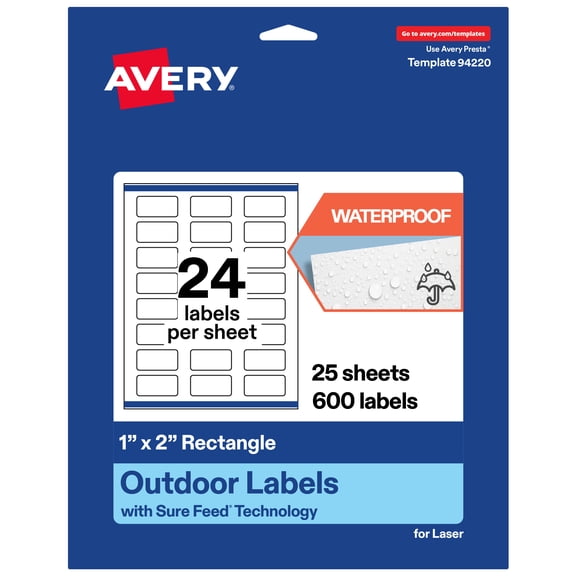 Avery Waterproof Rectangle Labels, 1" x 2", 600 Total