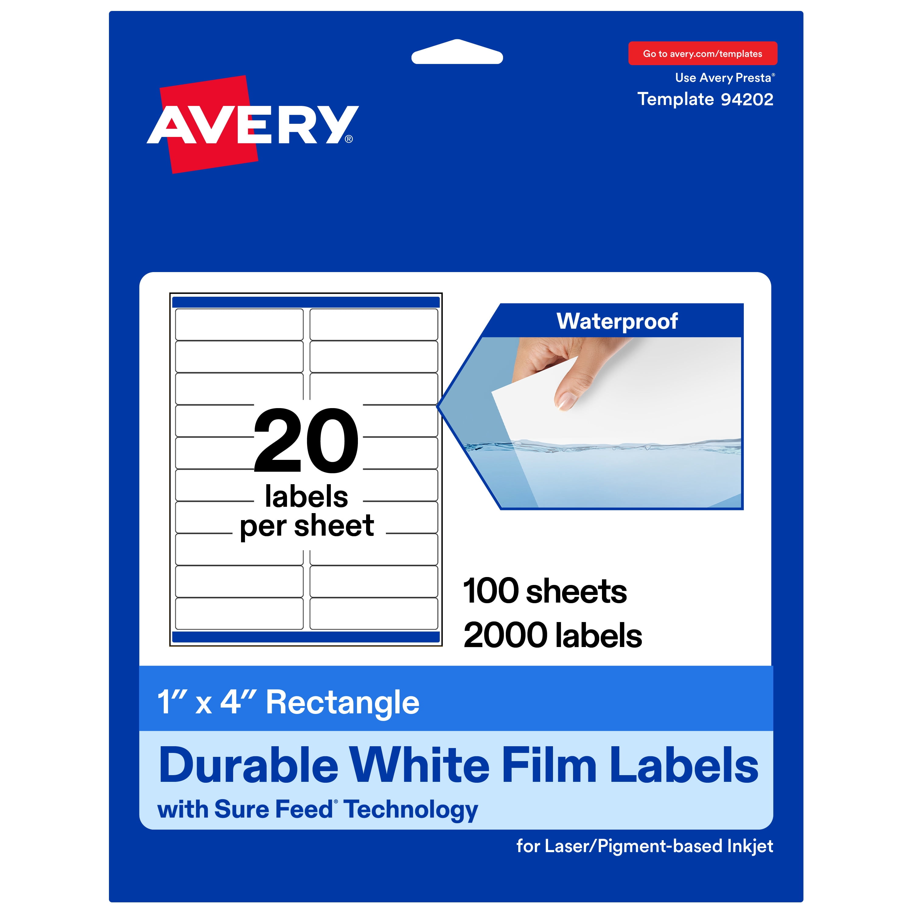Avery Durable White Rectangle Labels, 1" x 4", 2000 Total