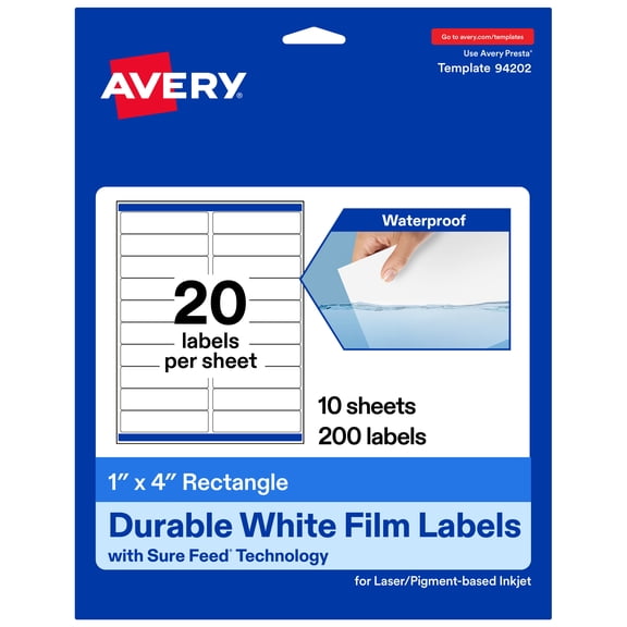 Avery Durable White Rectangle Labels, 1" x 4", 200 Total