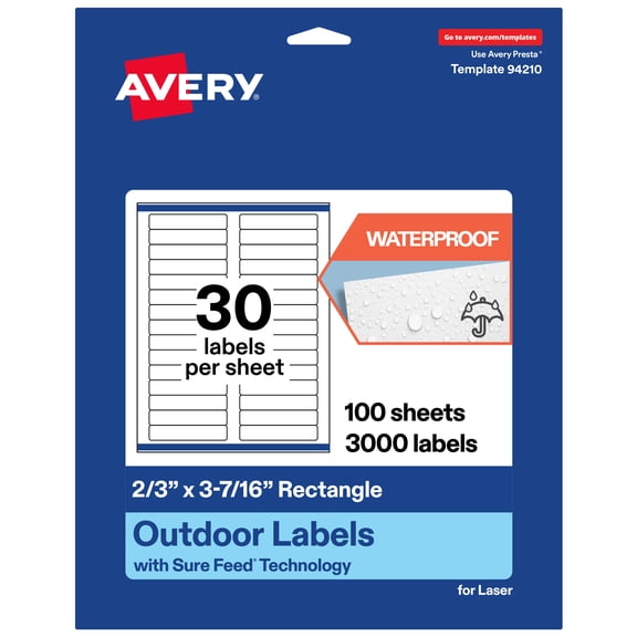 Avery Waterproof Rectangle Labels, 2/3" x 3-7/16", 3000 Total