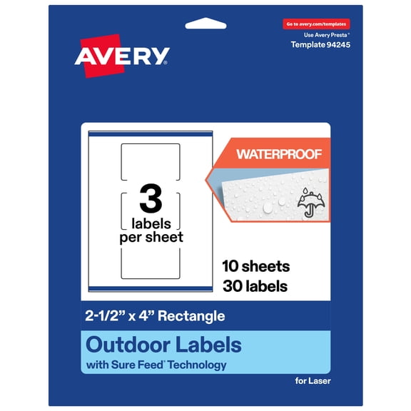 Avery Waterproof Rectangle Labels, 2.5" x 4", 30 Total