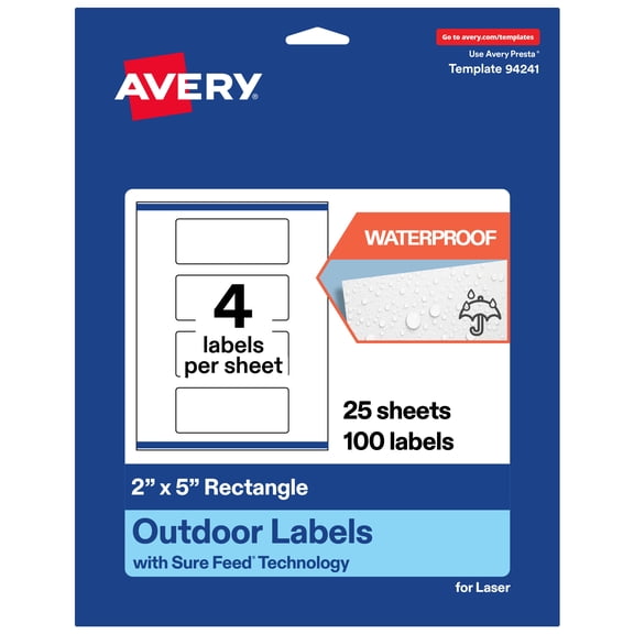 Avery Waterproof Rectangle Labels, 2" x 5", 100 Total