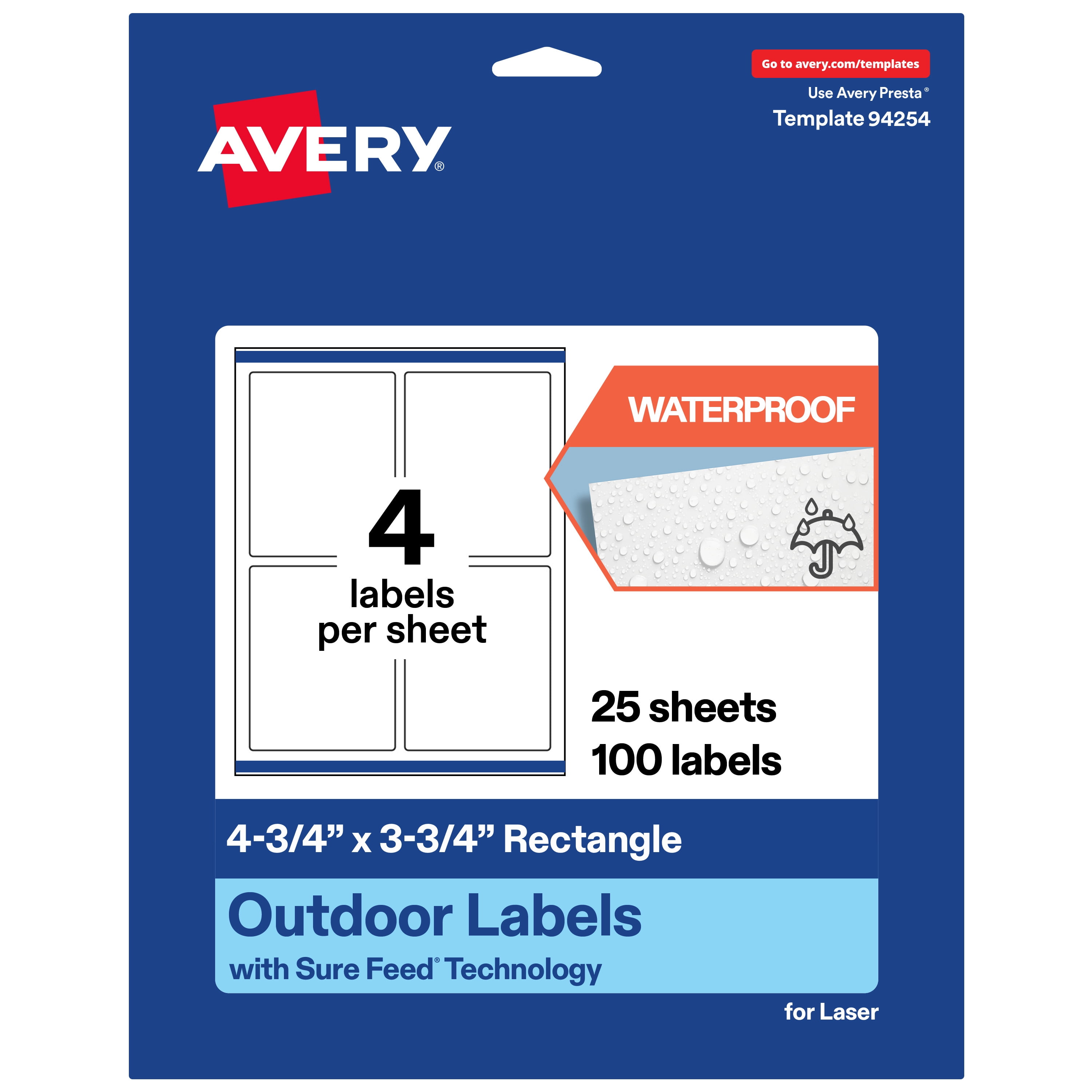 Avery Waterproof Rectangle Labels, 4.75" x 3.75", 100 Total