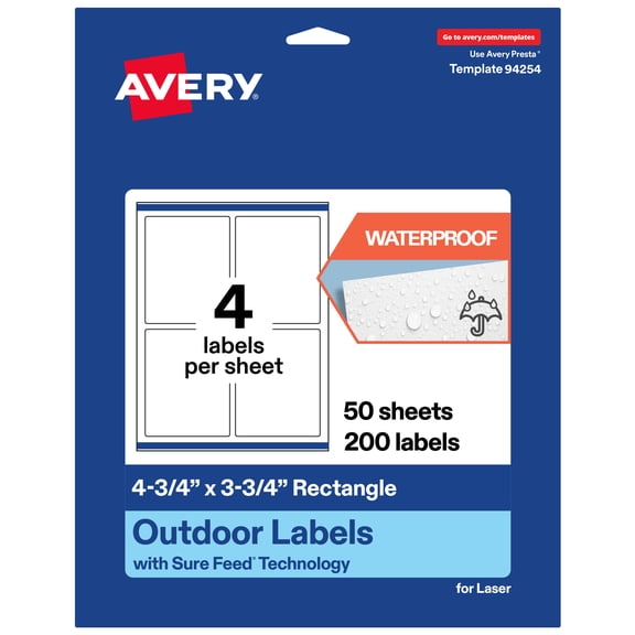 Avery Waterproof Rectangle Labels, 4.75" x 3.75", 200 Total