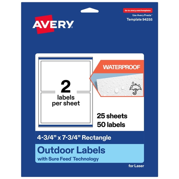 Avery Waterproof Rectangle Labels, 4.75" x 7.75", 50 Total