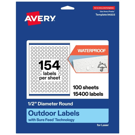 Avery Waterproof Round Labels, 0.5" Diameter, 15400 Total