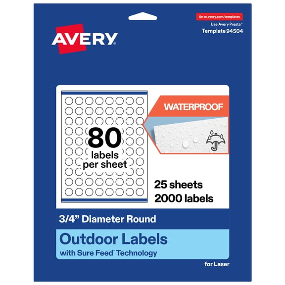 Avery Waterproof Round Labels, 0.75" Diameter, 2000 Total