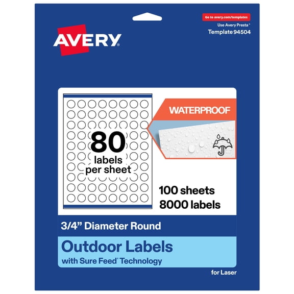 Avery Waterproof Round Labels, 0.75" Diameter, 8000 Total