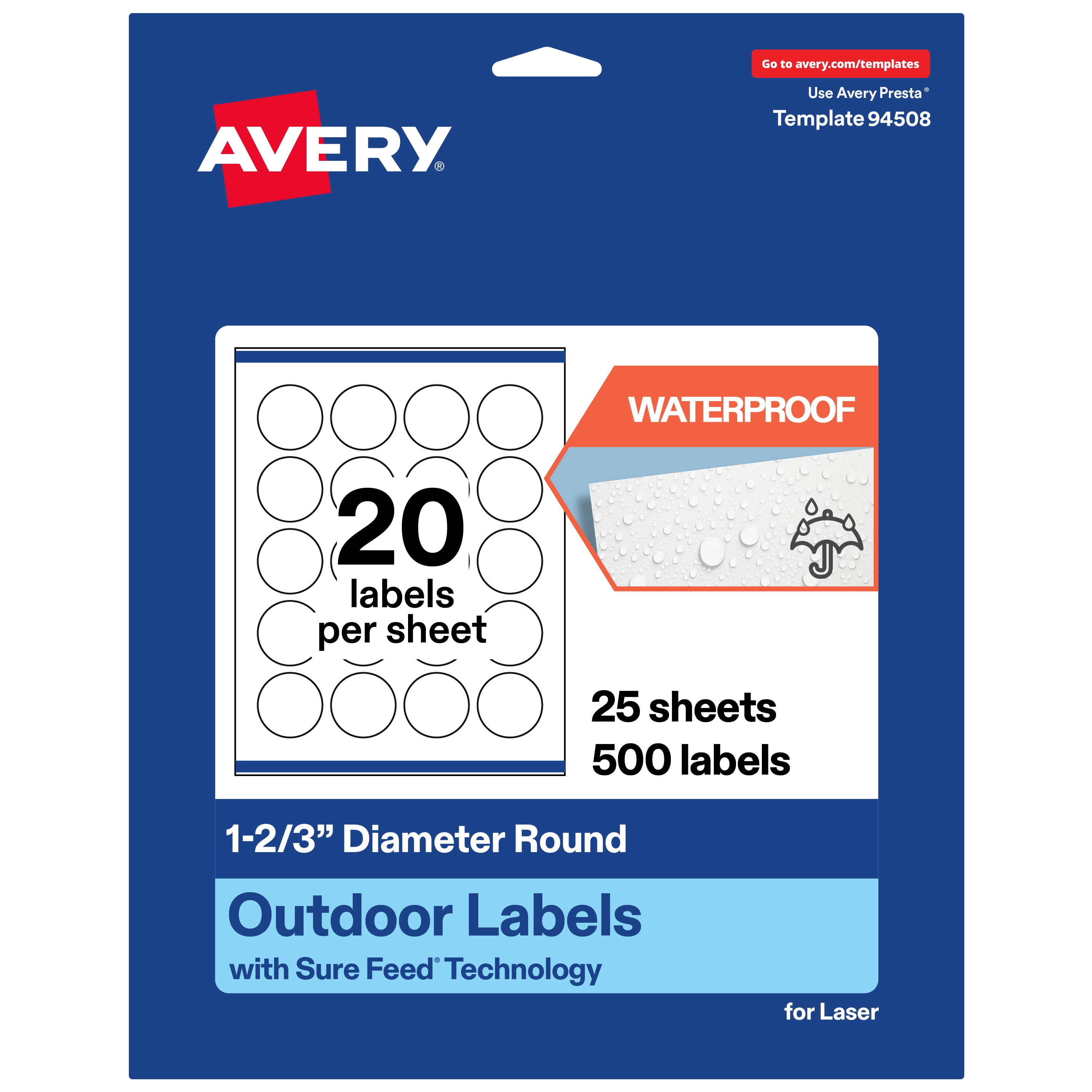 Avery Waterproof Round Labels, 1-2/3" Diameter, 500 Total