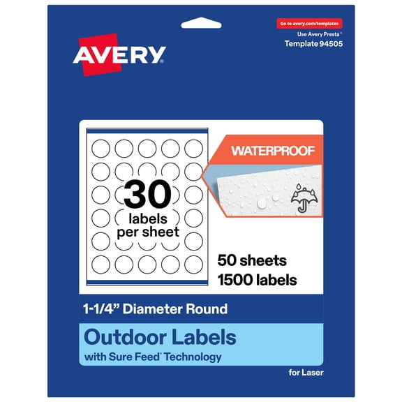 Avery Waterproof Round Labels, 1.25" Diameter, 1500 Total
