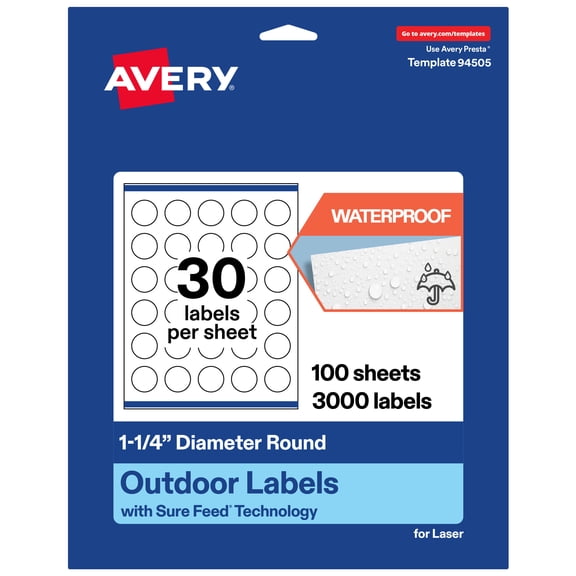 Avery Waterproof Round Labels, 1.25" Diameter, 3000 Total