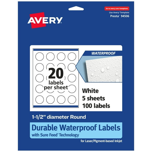 Avery Waterproof Round Labels, 1.5" Diameter, 100