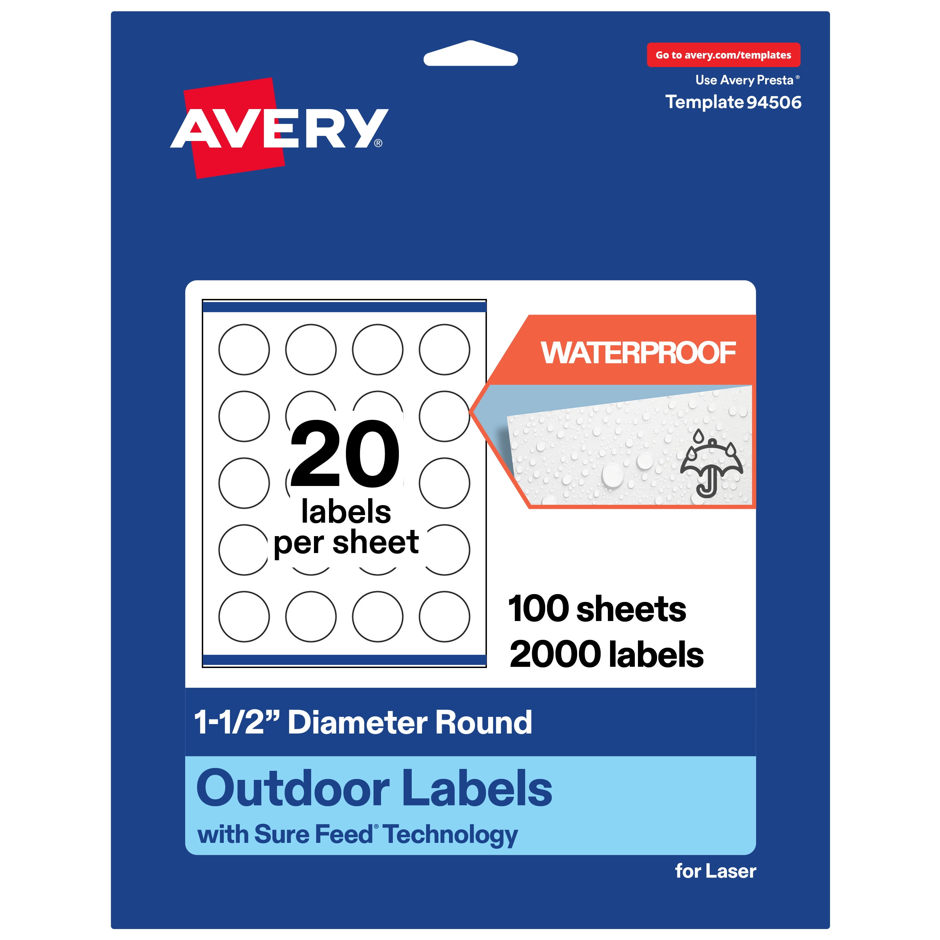 Avery Waterproof Round Labels, 1.5" Diameter, 2000 Total