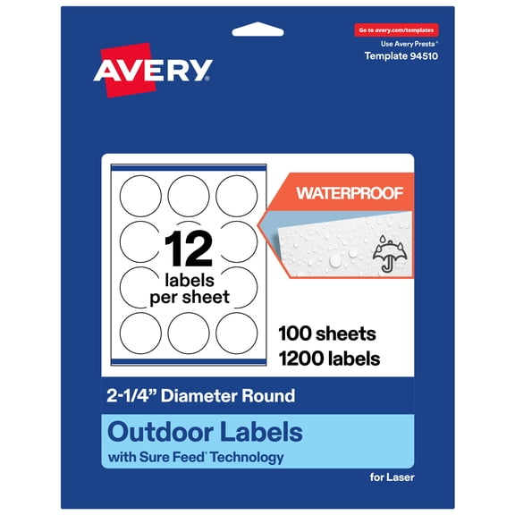 Avery Waterproof Round Labels, 2.25" Diameter, 1200 Total