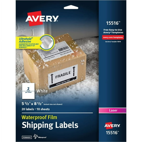 Avery® Waterproof Shipping Labels with TrueBlock - Permanent Adhesive - Rectangle - Laser - White - Film - 2 / Sheet - 10 Total Sheets - 20 Total Label(s) - 5 | Bundle of 5