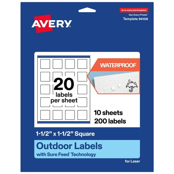 Avery Waterproof Square Labels, 1.5" x 1.5", 200 Total