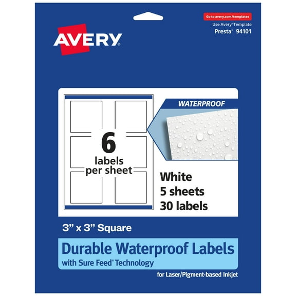 Avery Waterproof Square Labels, 3" x 3", 30