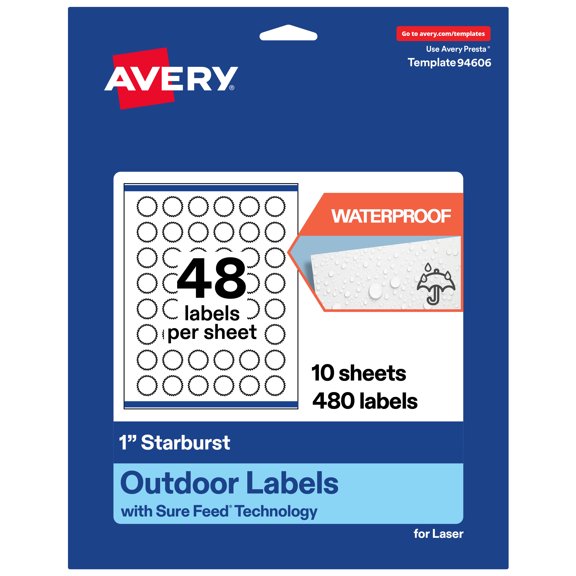 Avery Waterproof Starburst Labels with Sure Feed, 1", 480 Total