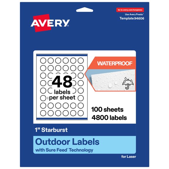 Avery Waterproof Starburst Labels with Sure Feed, 1", 4800 Total