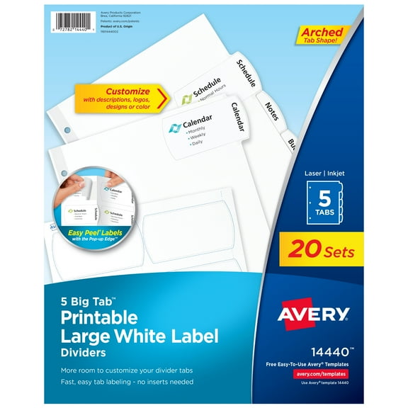 Avery 5-Tab Large White Label Dividers, Big Tabs (20 Sets of 14440)