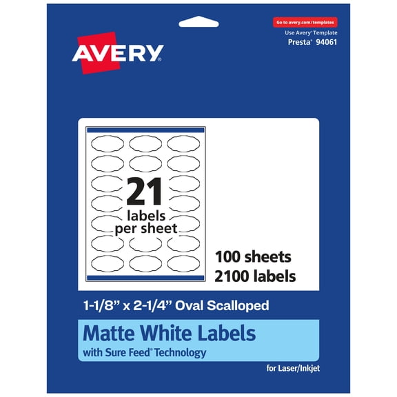 Avery White Oval Scalloped Labels, 1-1/8" x 2-1/4", 2,100 Labels