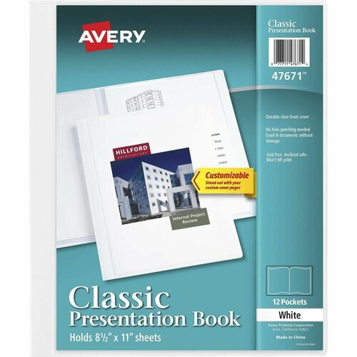 Avery® White Presentation Book, Letter, 8 1/2" x 11" Sheet Size, 24 Sheet Capacity, Pocket: Internal, Polypropylene, Non-stick, Spill-free, Durable (47671) | 5-Pack (5 Total)