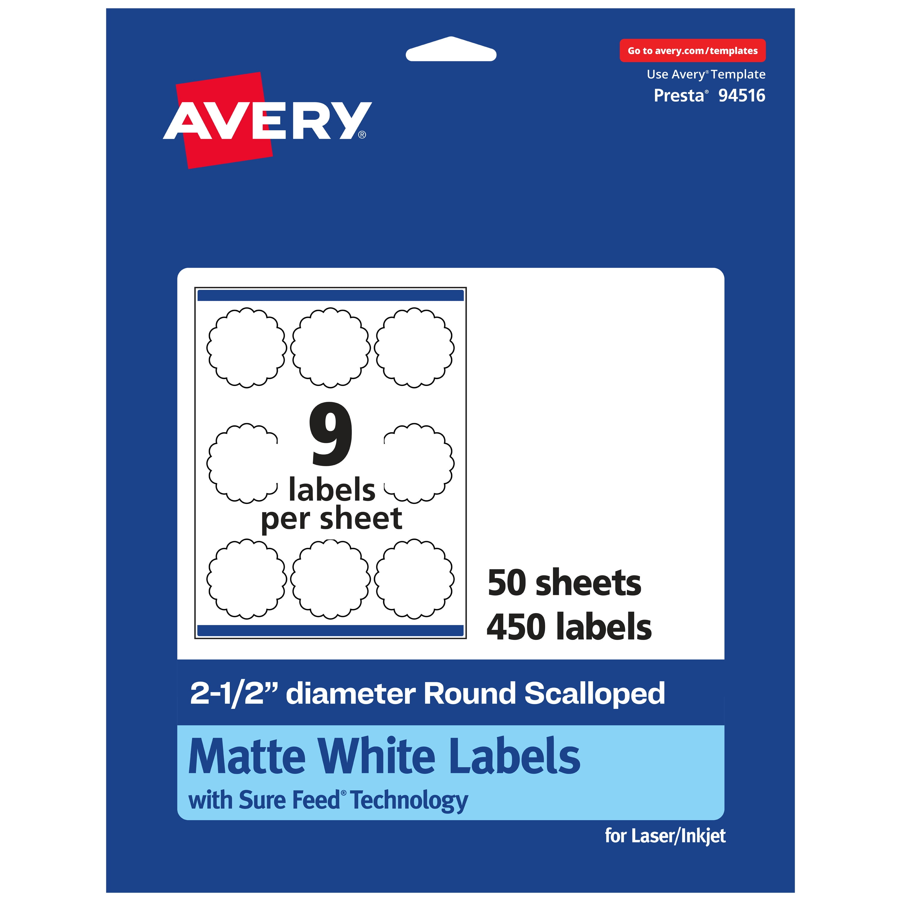 Avery White Round Scalloped Labels, 2.5" Diameter, 450 Labels