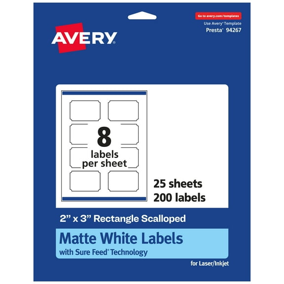 Avery White Scalloped Rectangle Labels, 2" x 3", 200 Labels